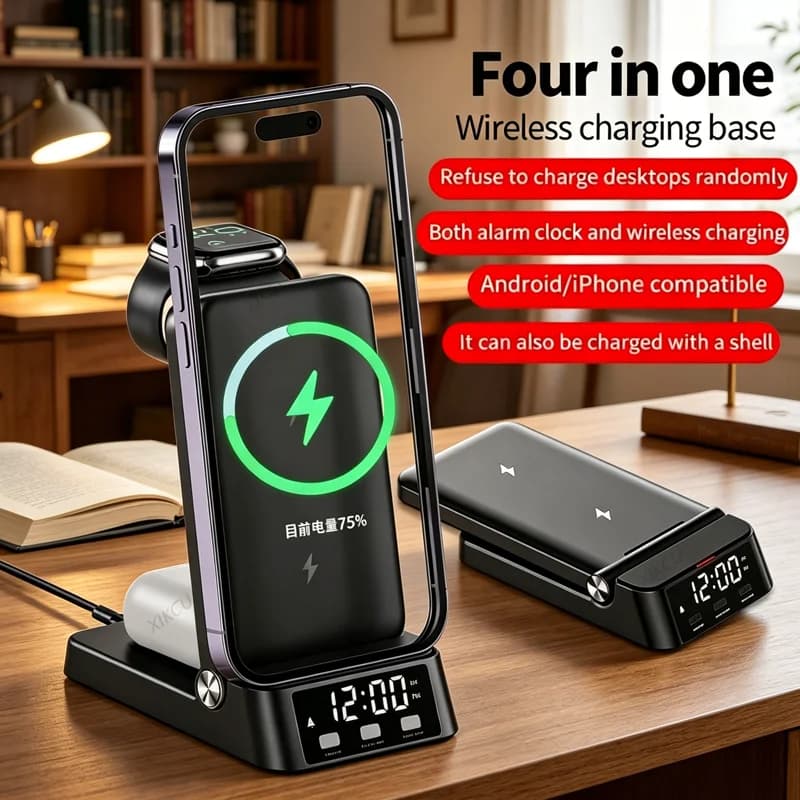 Station de charge rapide 4-en-1 pliable avec réveil et support pour téléphone, compatible iPhone 17~12, Apple Watch 11-2, AirPods Pro2/1