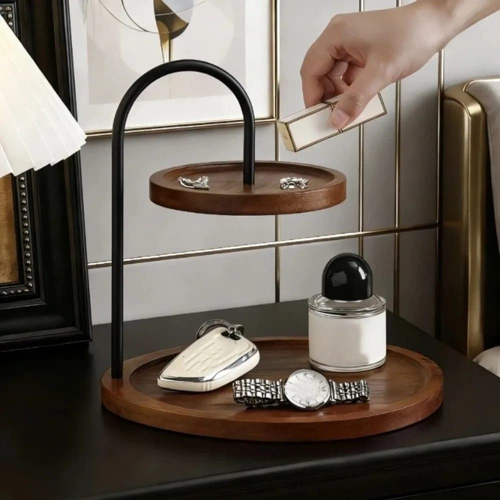 Support de plateau de service en bois, gain de place, décoratif, porte-clés, grande capacité, double couche, support à deux niveaux pour comptoir de salle de bain