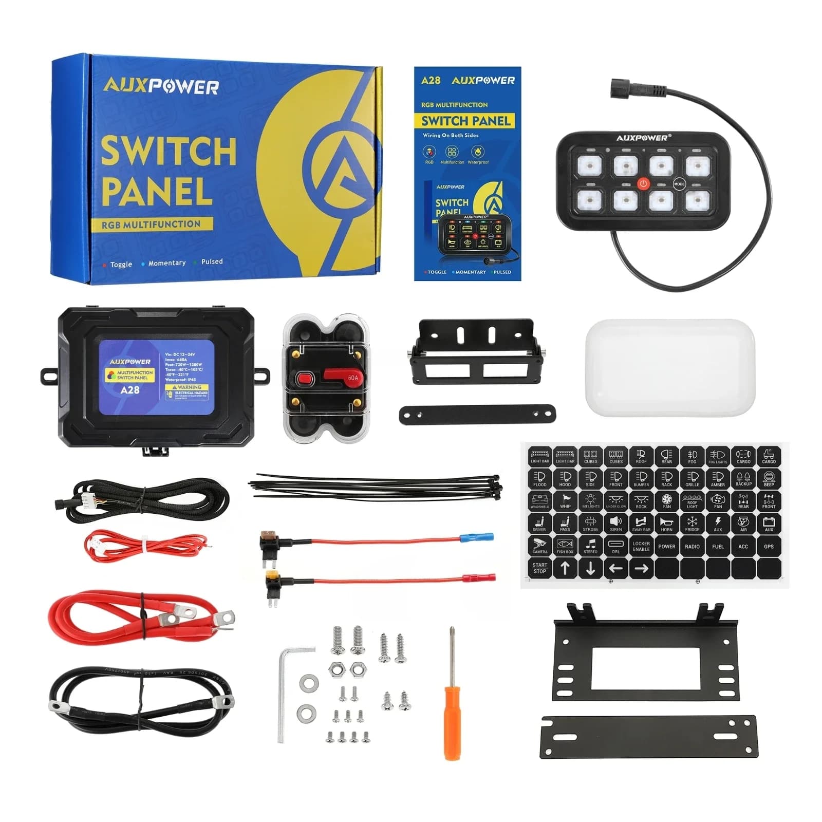 AUXPOWER RGB 4/6/8Gang Panneau à bascule/momentané/puulé pris en charge avec/sans contrôle par application (prise unilatérale)