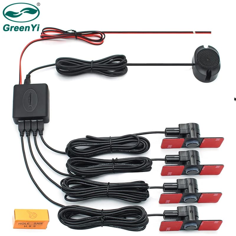 GreenYi – capteurs de stationnement de voiture Parktronics 4, blanc/argent/noir, sauvegarde arrière, son Radar, Buzzer, alarme, son réglable