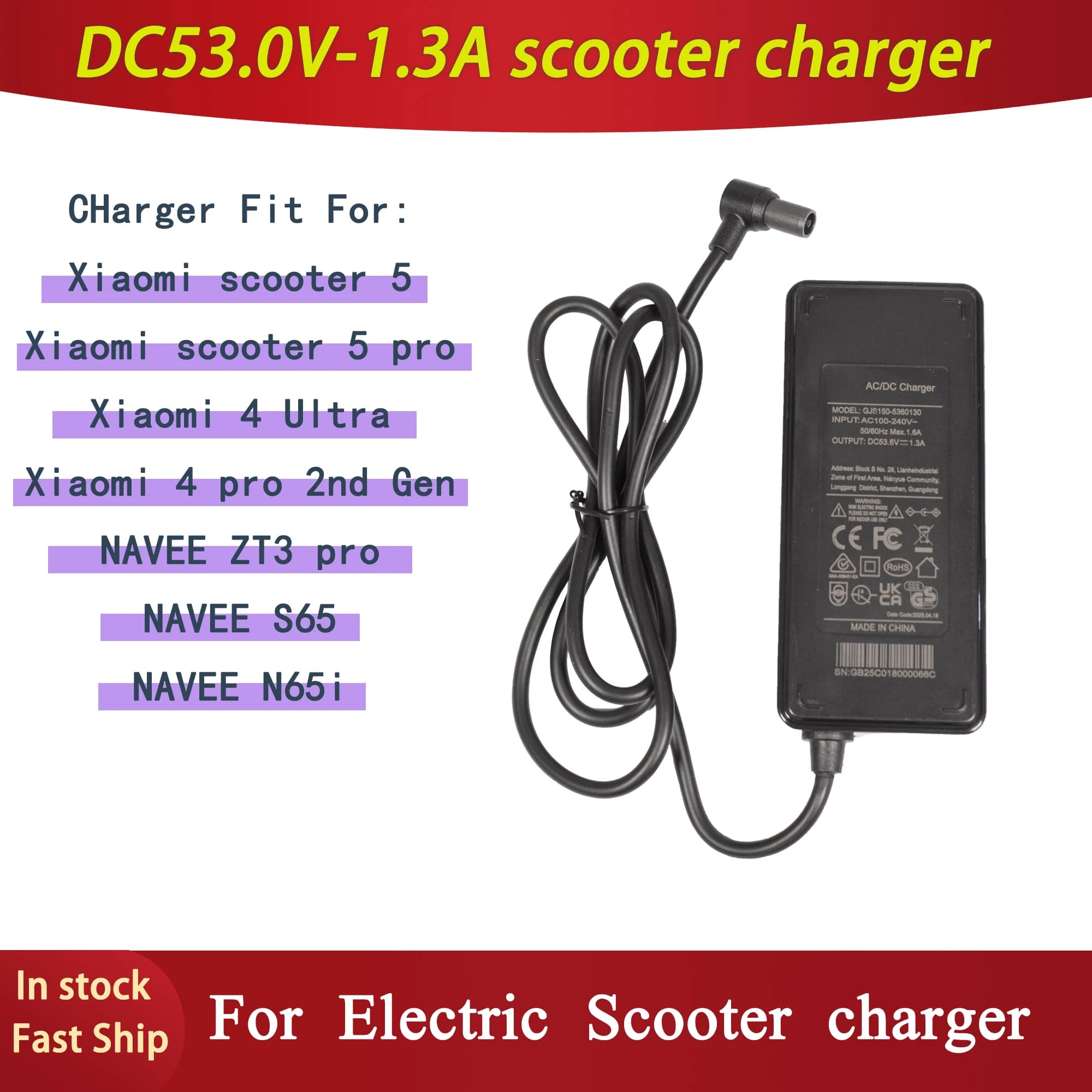Chargeur de trottinette pour Xiao Mi 5/Xiaomi 5 Pro, 4 Ultra, 4 Pro 2ème génération/Navee S65/Navee N65i, S40, S60