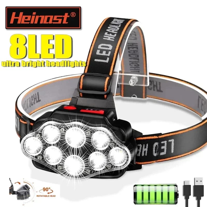 Lampe frontale Rechargeable USB lampe frontale lumineuse à haut lumen avec 8 phares LED 4 modes IPX4 lampe frontale étanche lampe frontale