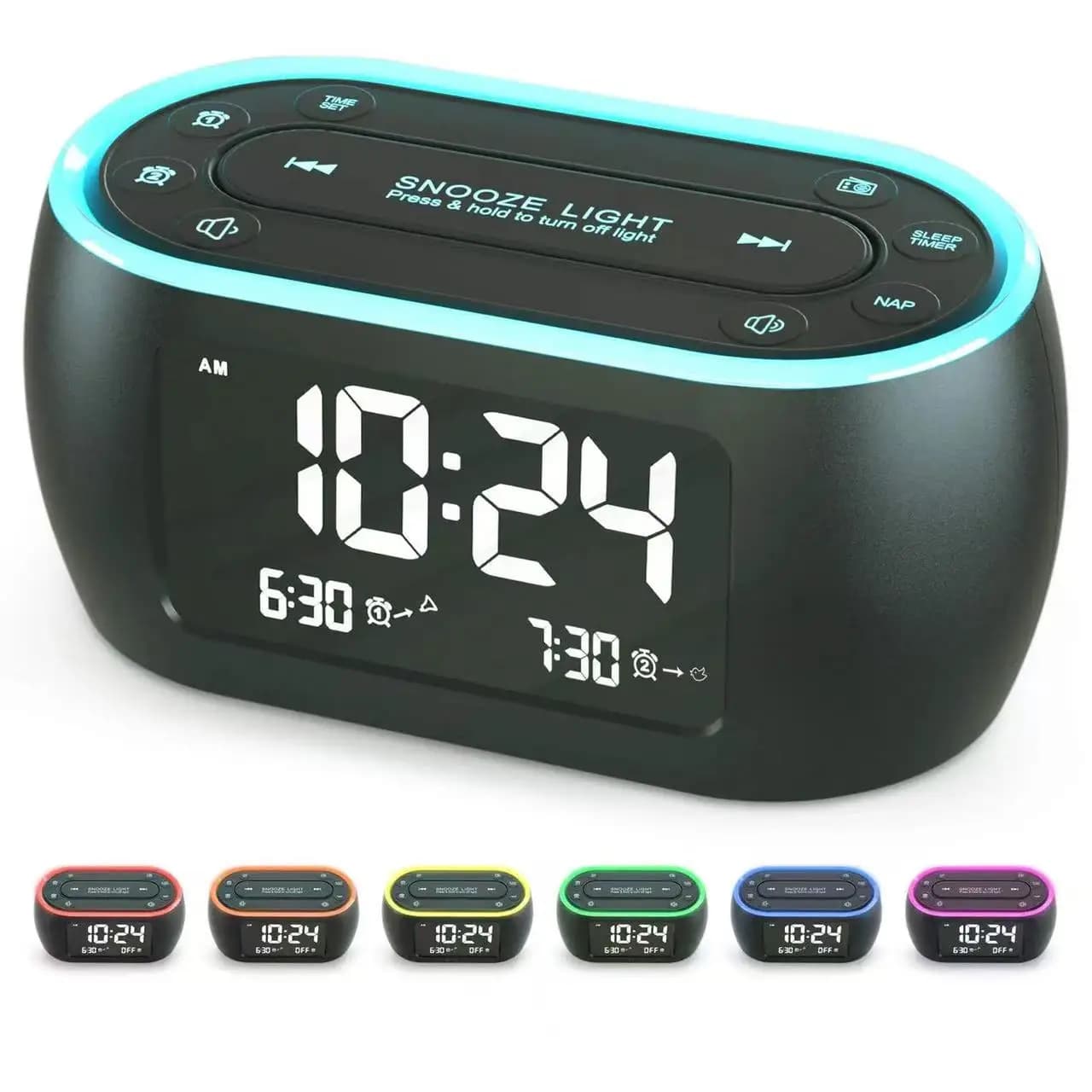 Petit réveil Radio lumineux pour chambres à coucher avec veilleuse 7 couleurs, double alarme, variateur, chargeur USB, batterie de secours, Radio FM