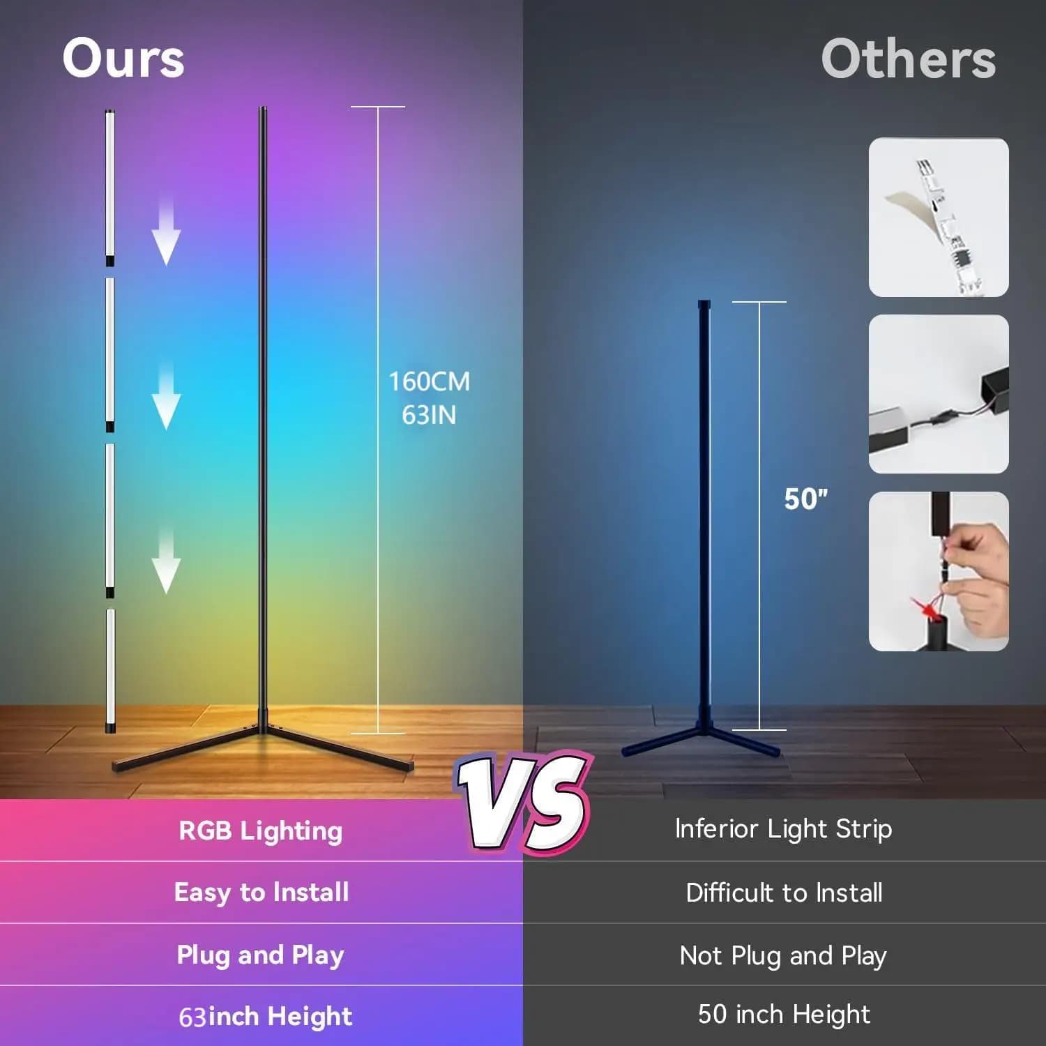 Lampadaire LED 2 pièces/1 pièce, lampe d'angle RGB 160CM/63 pouces fonctionne avec APP/télécommande, lumière d'angle intelligente avec 16 millions de couleurs de bricolage,