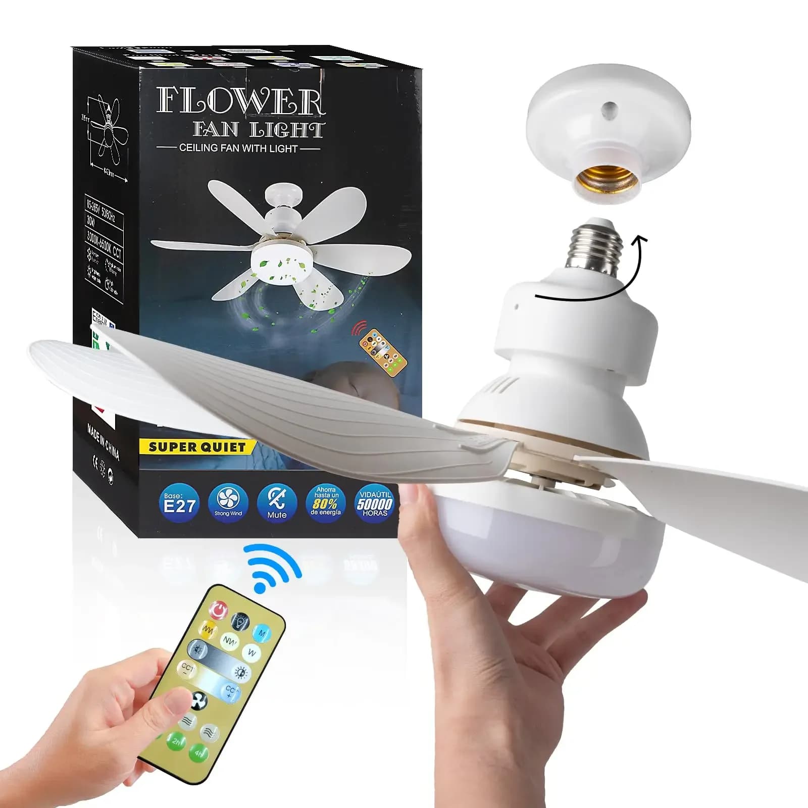 Ventilateur de plafond LED 40W E27 avec télécommande pour gradation, adapté au salon, au bureau, à usage domestique, 85-265V