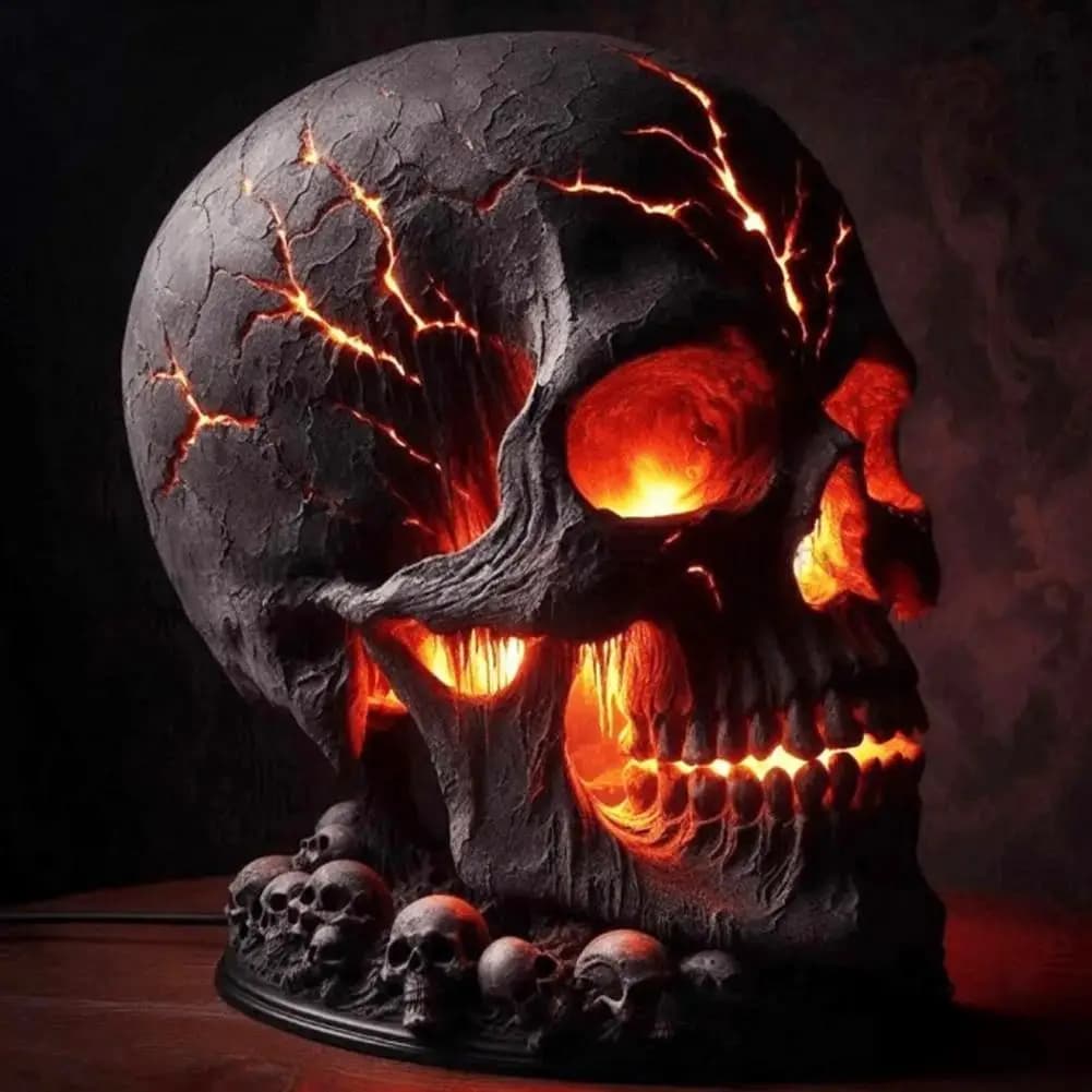 Lampe de bureau effrayante en forme de crâne d'Halloween : style pierre de lave avec lumière LED