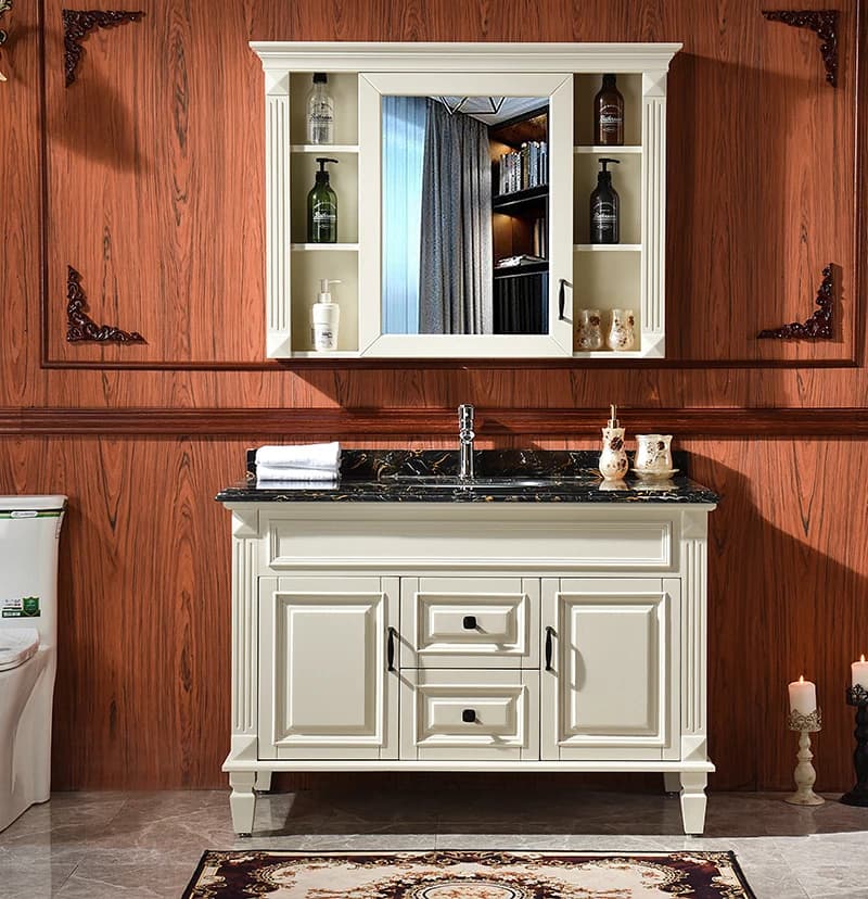 Meuble de salle de bain en bois massif de chêne rouge américain, meubles de salle de bain sur pied avec lavabo de toilette et armoire à miroir de rangement
