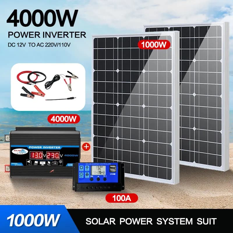 Système de panneaux solaires en verre, contrôleur de charge de batterie 12V, kit d'onduleur solaire 110 W, 4000 V, 220V, 1000W, invitation pour une utilisation domestique et extérieure