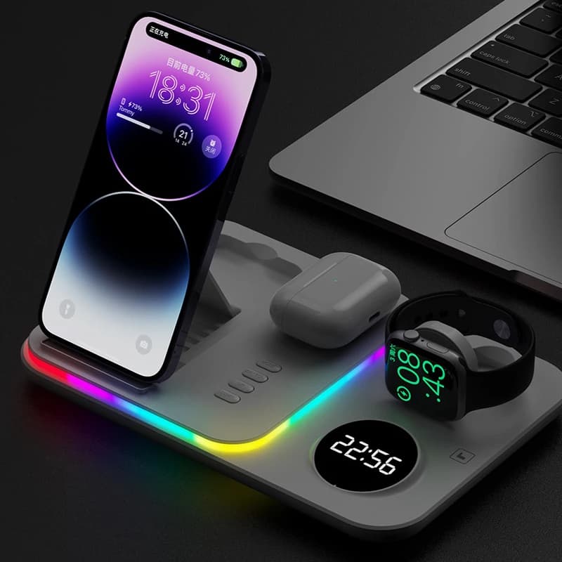 Chargeur sans fil pliable réveil lumière LED Dock pour iPhone 17 16 15 Pro Max APPLE montre 2-8 SE Airpods Pro Station de charge
