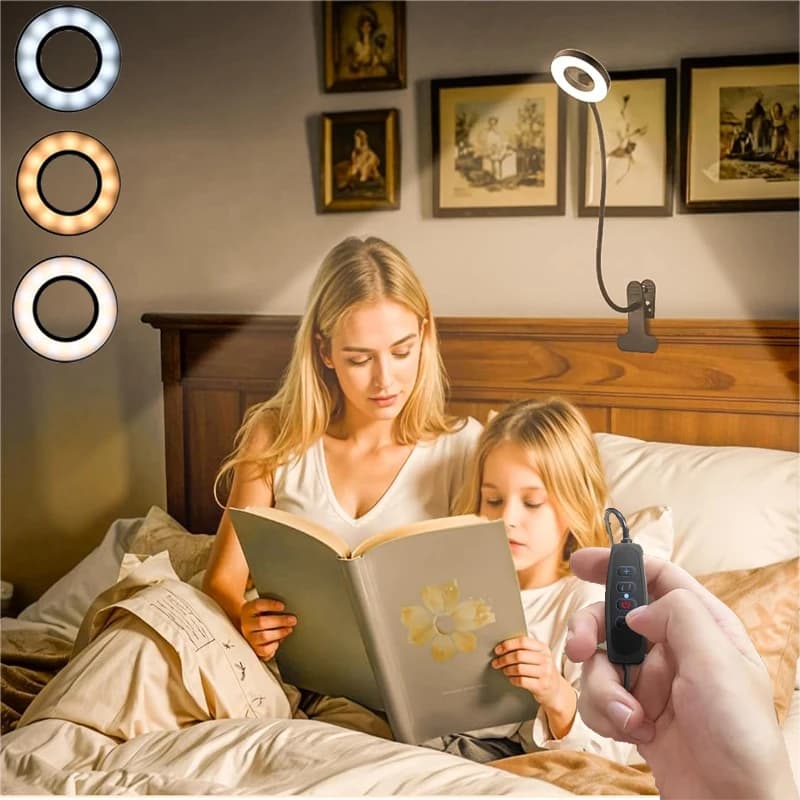Lampe à pince, 3 couleurs + 10 niveaux de luminosité, lampe de bureau LED avec pince, pour tête de lit/table de chevet, 360° ° Lampe de lecture réglable