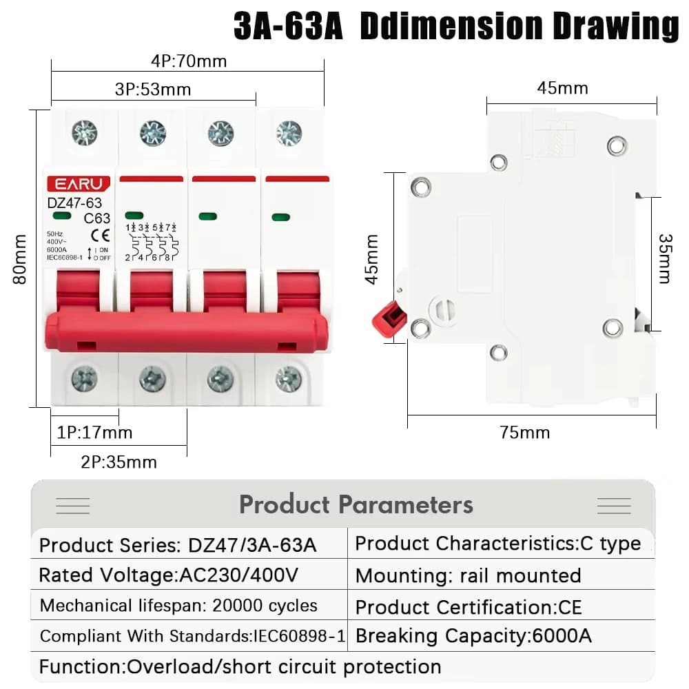 Disjoncteur miniature (MCB) 1P 2P 3P 4P DZ47 3A-125A AC 230V 400V Type C, protection contre les surcharges et les courts-circuits, montage sur rail DIN, capacité de coupure