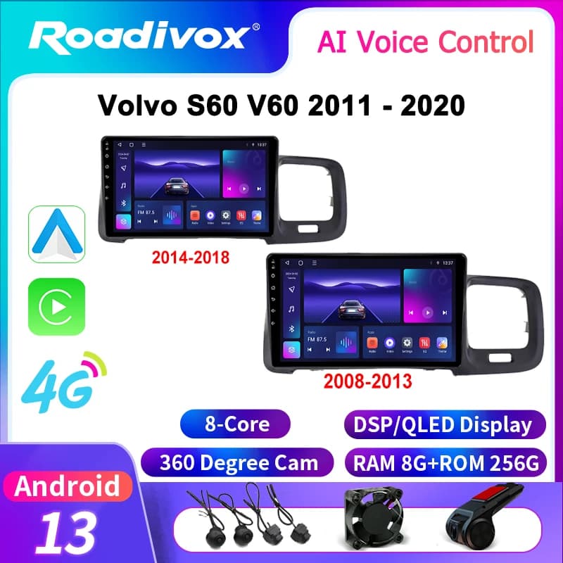 Roadivox-Autoradio Android, Navigation GPS, Vidéo, Limitation de l'Écran, Lecteur, Magnétophone, Carplay, 4G, Volvo S60, V60, 2011-2020
