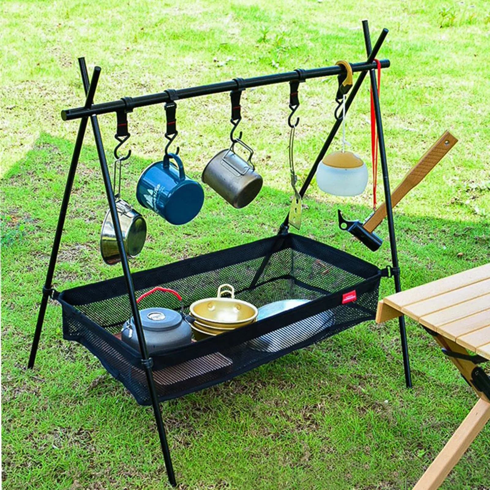Sac de rangement sous table pour pique-nique, boîte de rangement de bureau, panier en filet pour trépied, organisateur pour table de camping, support de trépied, panier en filet pour trépied