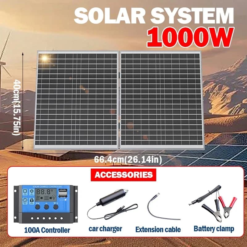 Panneau solaire pliable 1000W, sortie 12V, haute efficacité, station d'alimentation portable pour camping-car, camping et utilisation hors réseau en cas d'urgence