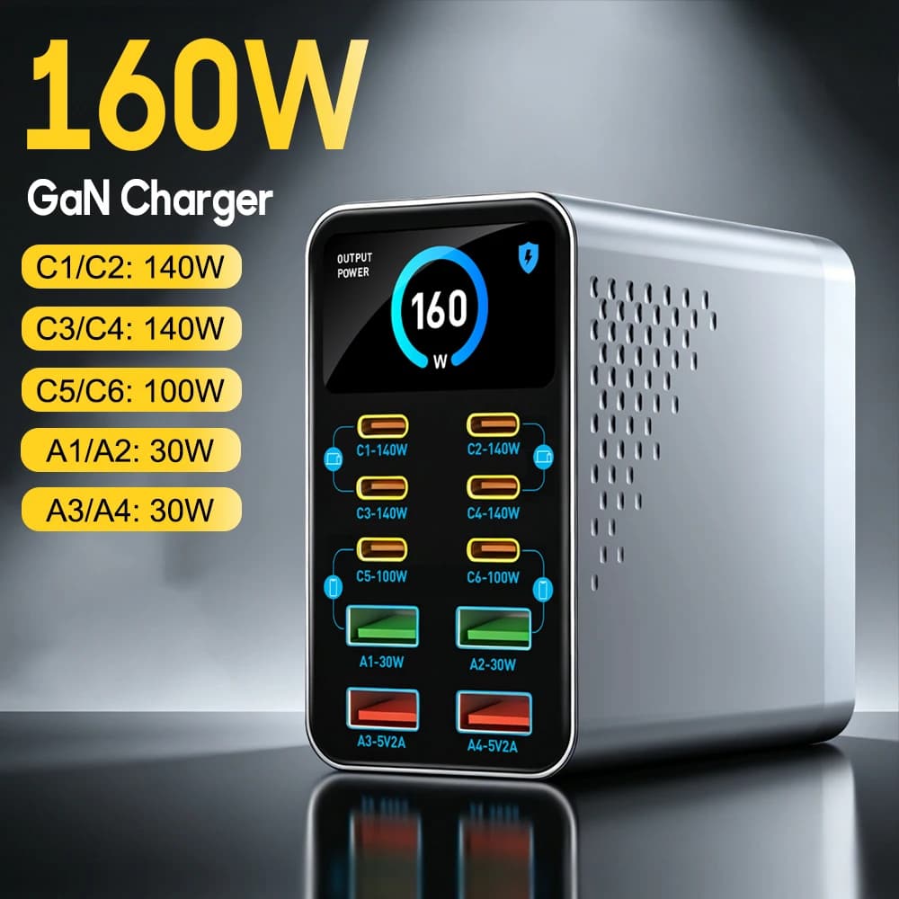 Chargeur GaN 160W 10-en-1, Station de Charge Rapide 140W PD3.1 PPS USB Type C avec Affichage Numérique pour MacBook Pro, iPhone 17, 16, 15, Samsung