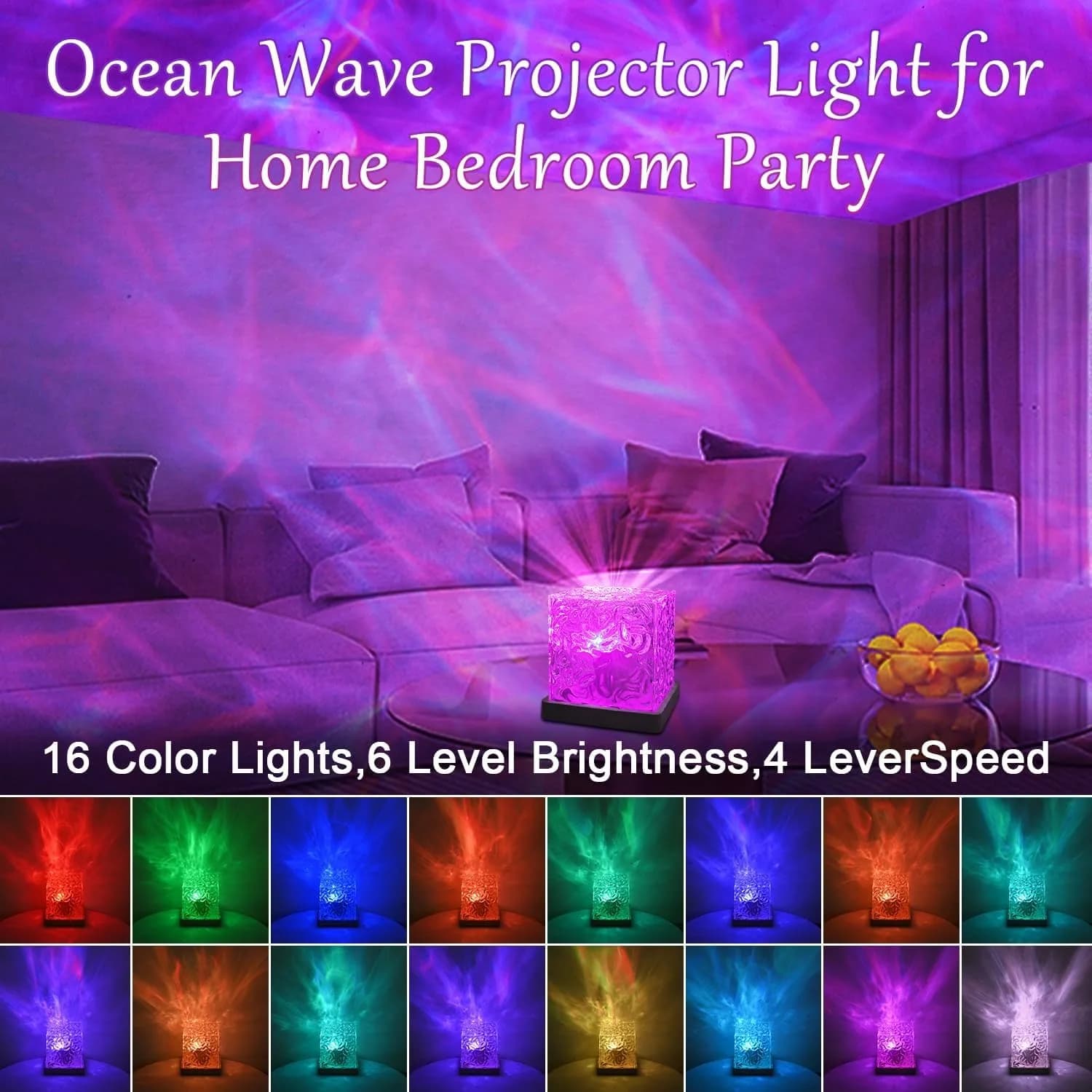 Projecteur de vagues océaniques, lampe Cube 16 couleurs Luminor et télécommande par application, éclairage d'ambiance romantique à ondulation d'eau holographique 3D