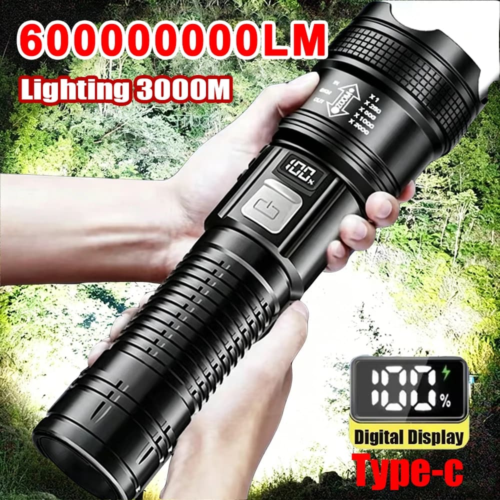 Lampe de poche ultra puissante 6000000LM, torche étanche, Zoom, lanterne de Camping en plein air, affichage électronique numérique