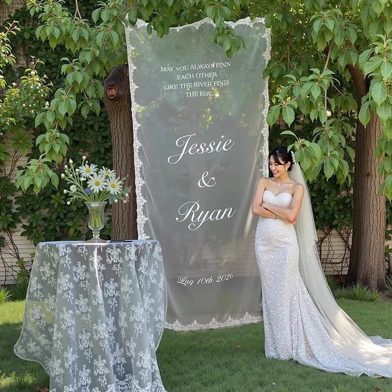 Panneau de bienvenue romantique pour invités de mariage, élégant, avec bordure en dentelle, à suspendre, pour mariage en ext