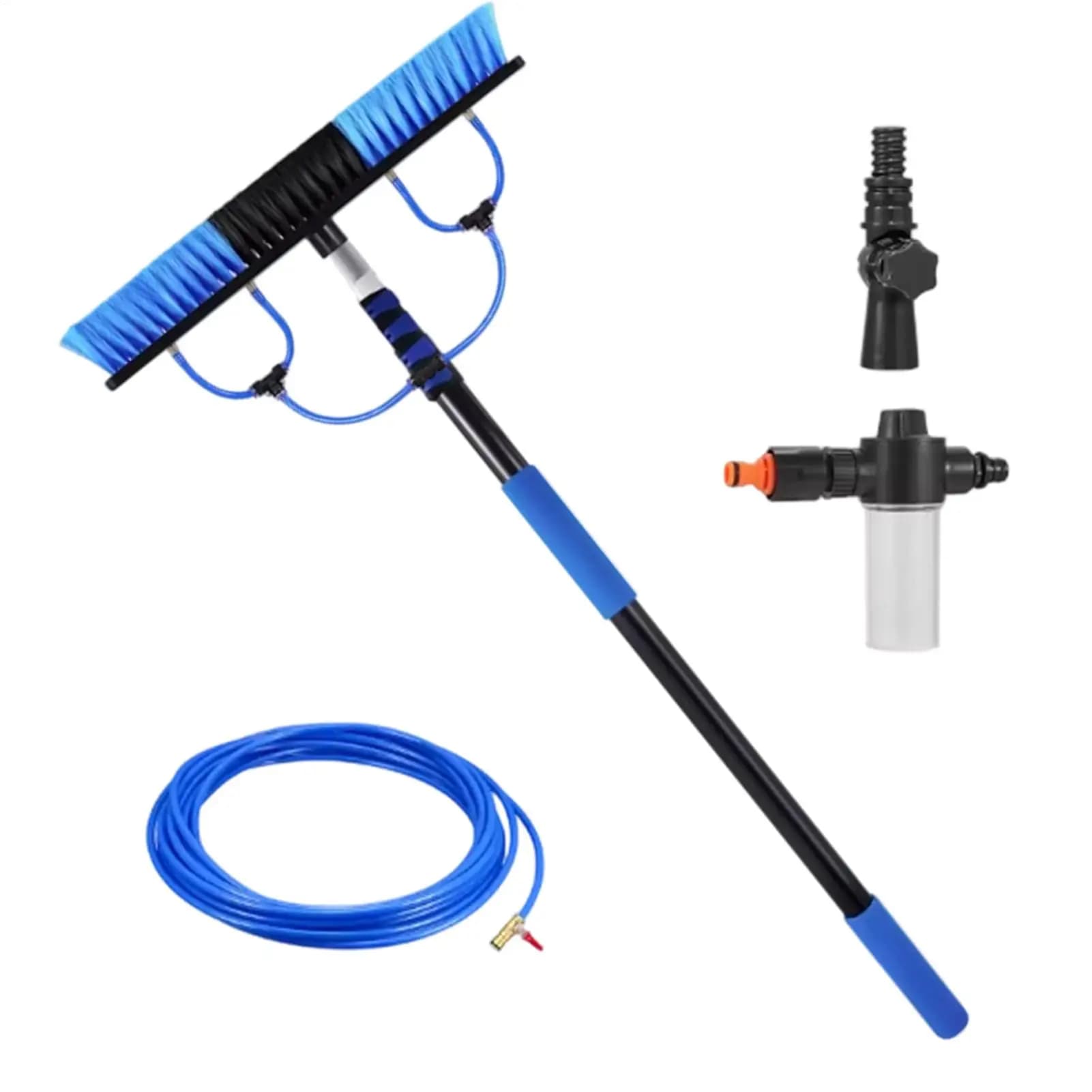 Brosse de nettoyage télescopique pour panneaux solaires de 5 m avec tuyau d'eau extensible de 10 m, brosse pour nettoyer les fenêtres, les toits en verre avec distributeur de savon