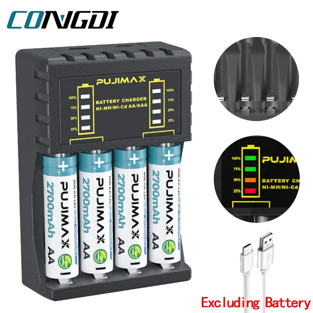 Chargeur de batterie AA/AAA, 4 emplacements, indicateur LED Intelligent, Micro chargeur USB C pour batterie Rechargeable Ni-MH/ni-cd AA/AAA