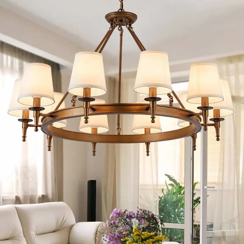 Lustre Vintage européen pays américain pendentif en tissu lumière de luxe salon Hall chambre Foyer tissu abat-jour lampe E14