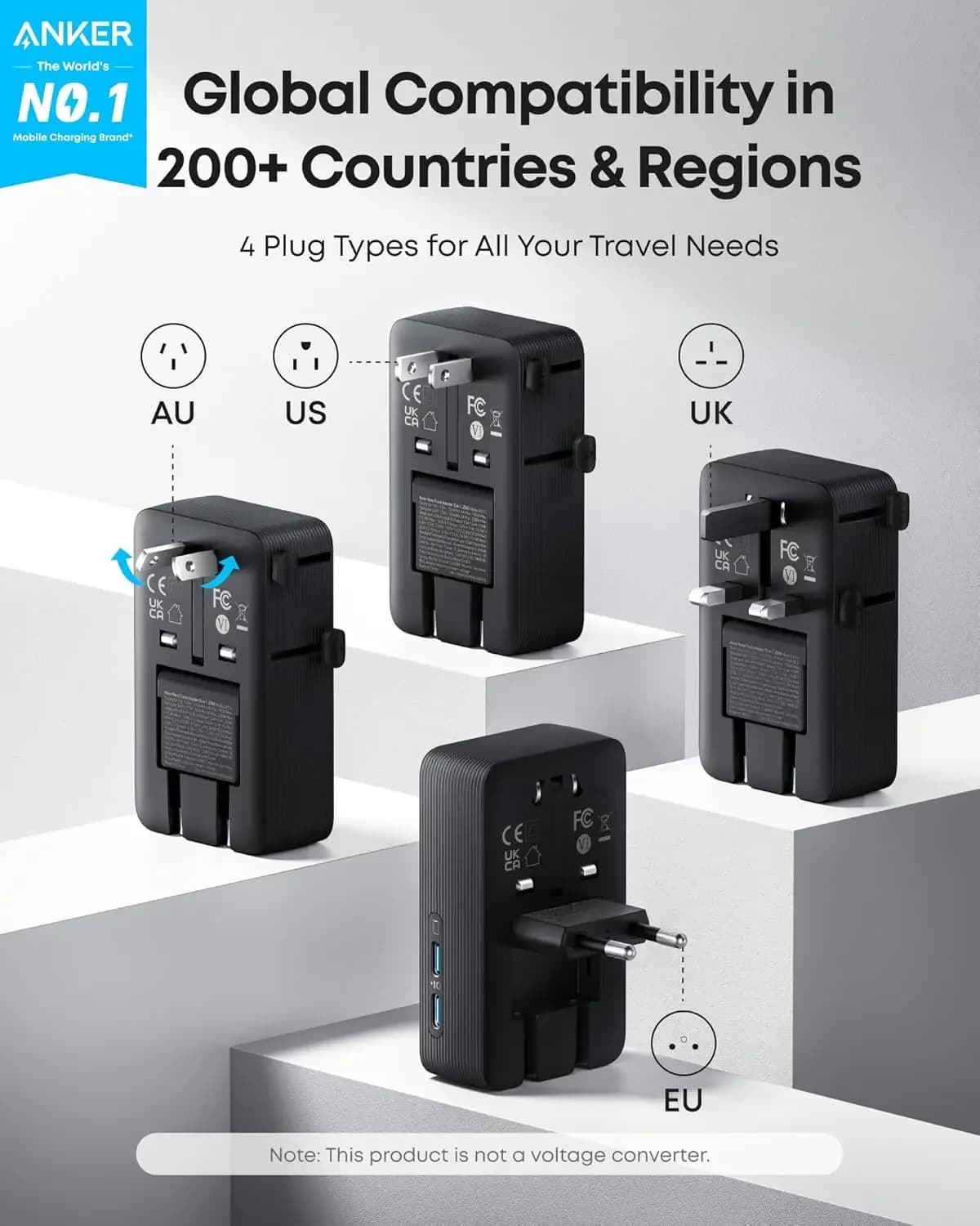 Adaptateur de voyage Anker Nano compact 100V~240V avec chargeur intégré USB A Type C 20W pour la plupart des pays, pour téléphone portable et ordinateur portable