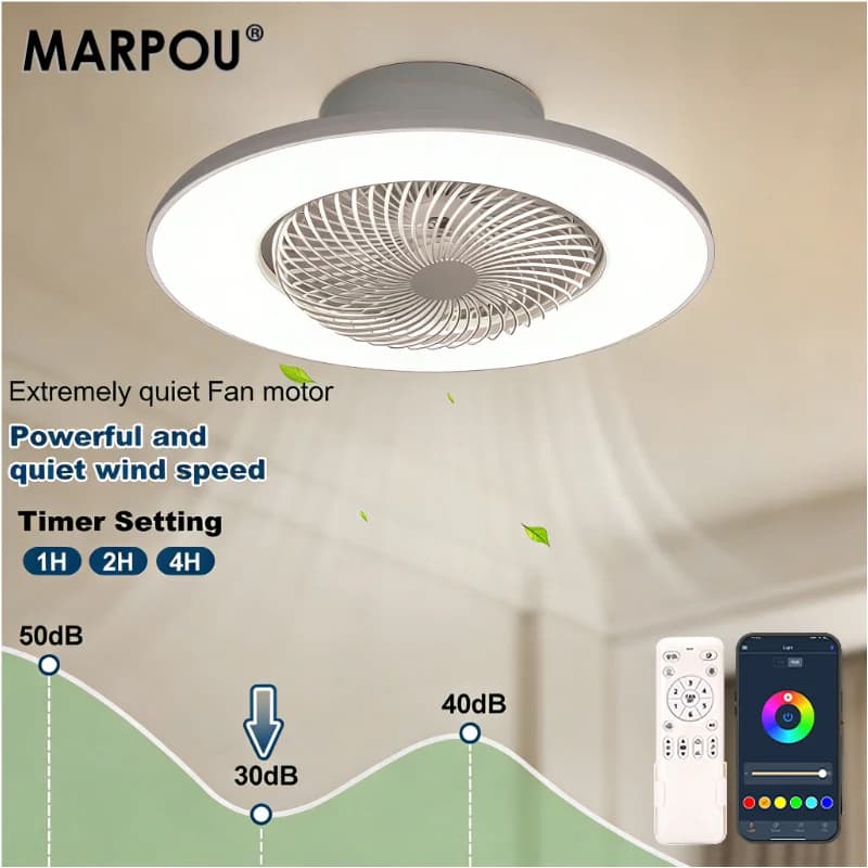 MARPOU Lampes de ventilateur intelligentes modernes avec rétroéclairage RGB 360 °   Ventilateurs de plafond LED minimalistes rotatifs avec télécommande APP, 6 vitesses, pour intérieur