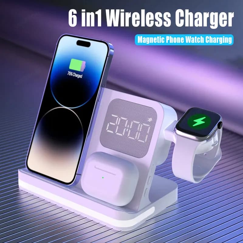 Chargeur sans fil pour montre de téléphone, avec lumière LED, horloge, alarme, pour iPhone 16/15/14/13/12 Apple Watch 2-10 SE Airpods Pro, charge rapide