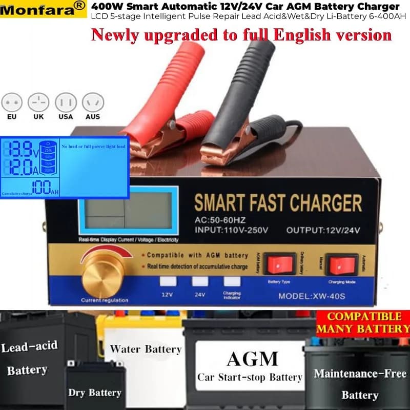 Chargeur de batterie AGM pour voiture, 400W, automatique, 12V/24V, LCD, 5 étapes, réparation d'impulsions intelligente, plomb, acide, humide et sec, batterie Li 6-400AH