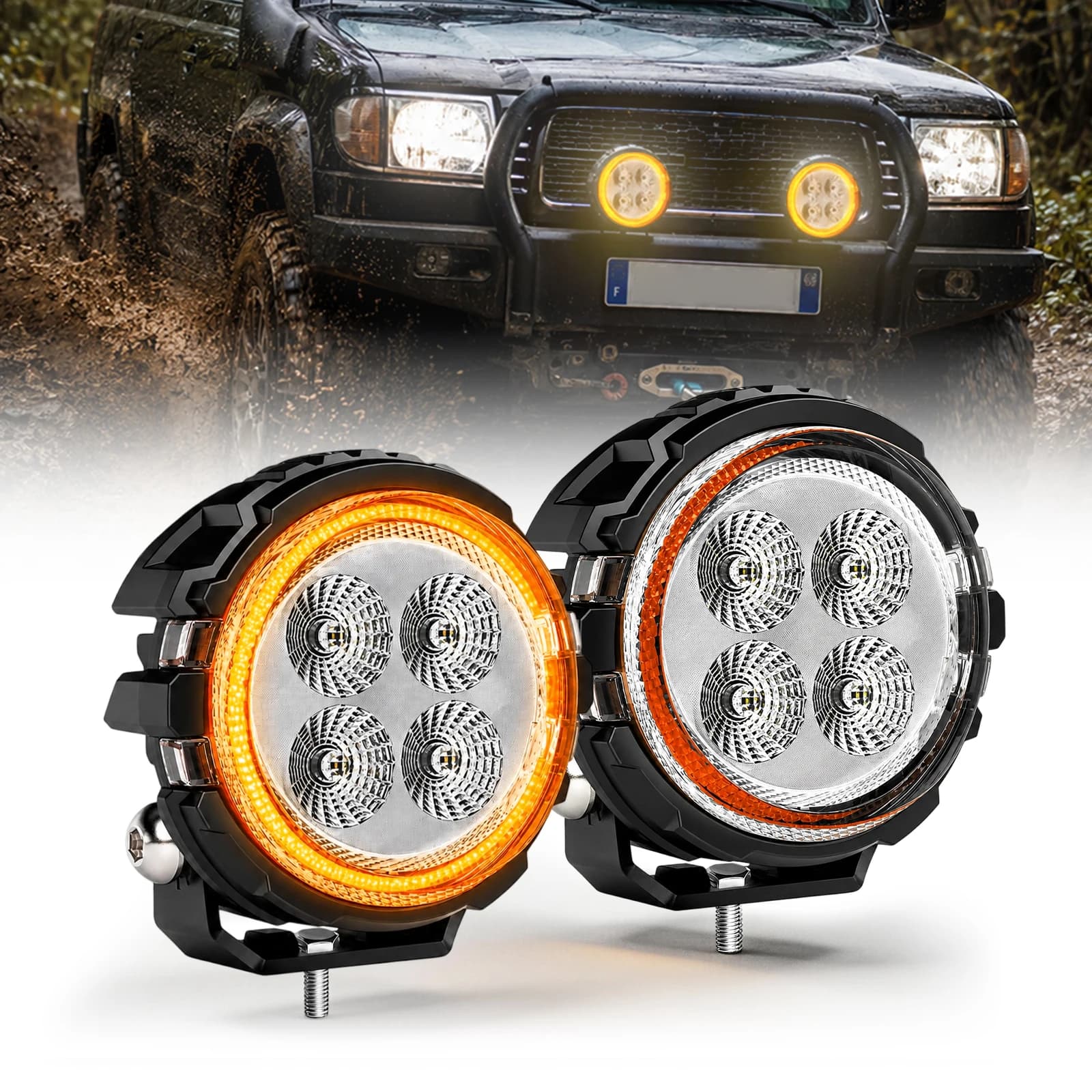 Lampe de travail LED ronde HL 3/4/5 pouces avec halo ambre DRL IP68, faisceau large, lampe auxiliaire pour excavatrice, chargeuse, bulldozer, utilisation tout-terrain