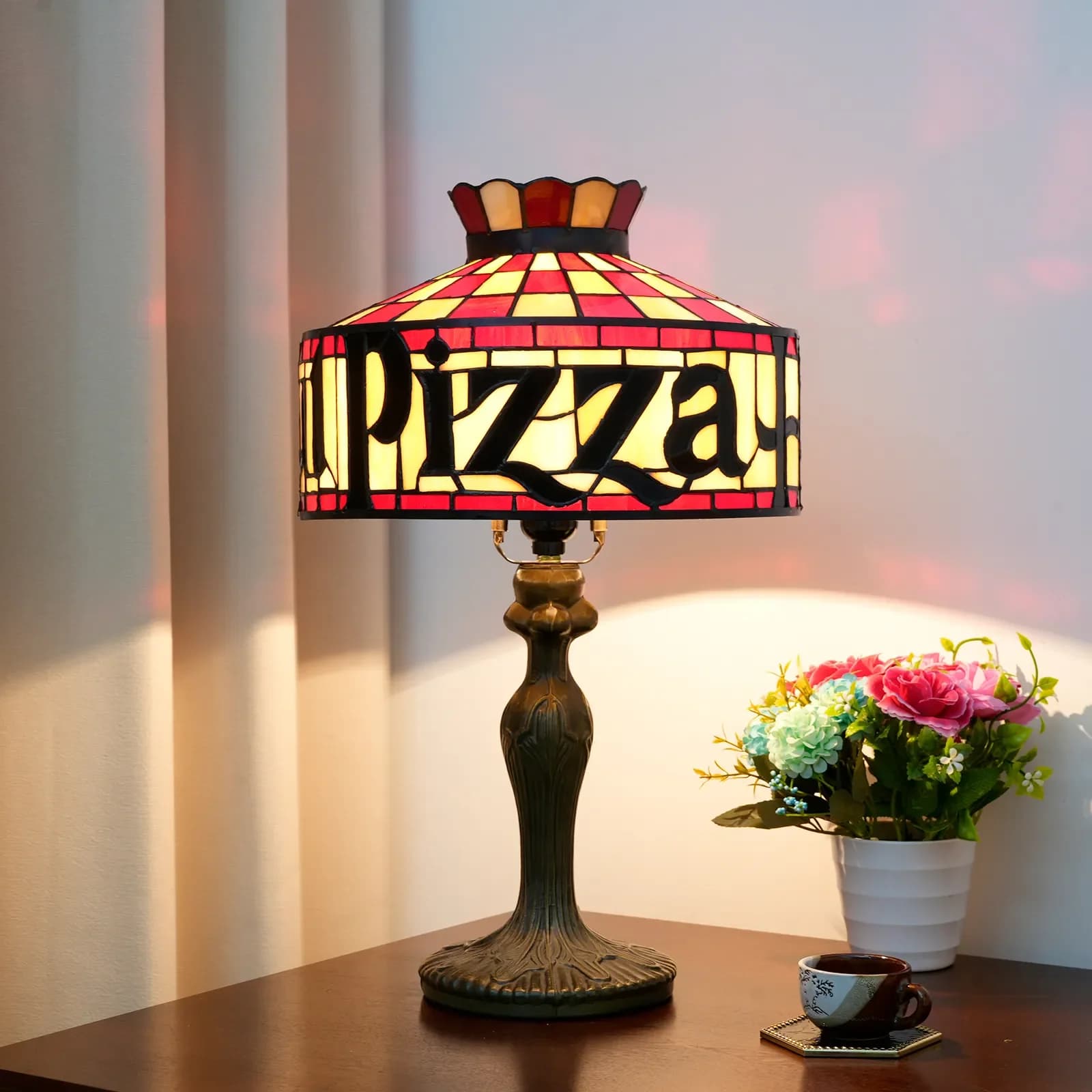 Abat-jour en forme de pizza fait main de 12 pouces, base en métal, pour la décoration de chambre à coucher ou de restaurant, lampe de table créative en verre teinté, veilleuse