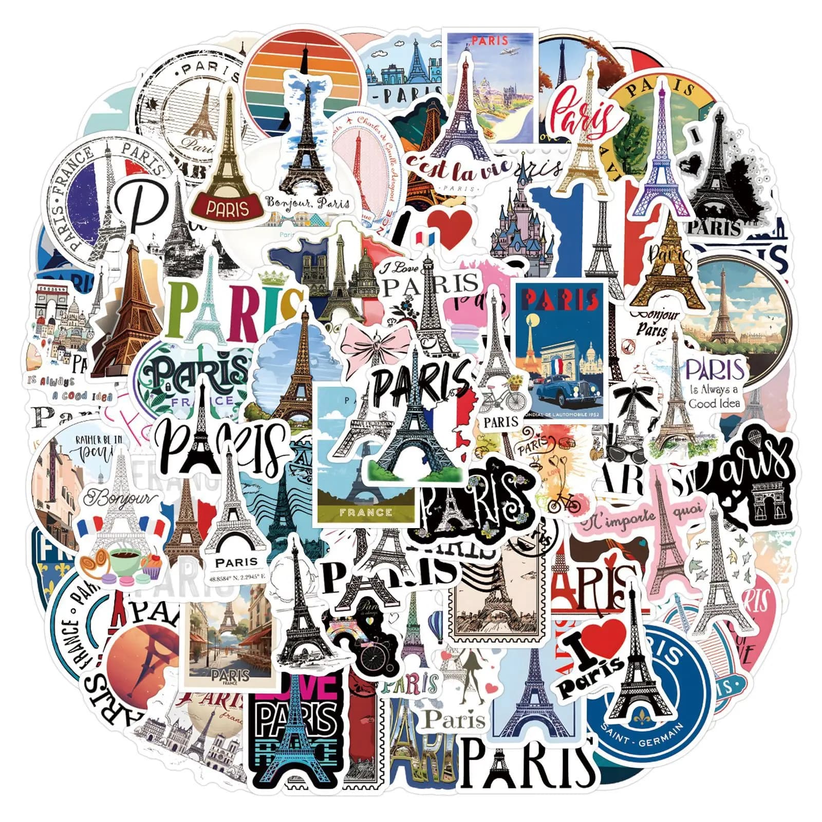 55 autocollants de graffiti de la Tour Eiffel de Paris en dessin animé pour scrapbooking décoratif, papeterie, carnet, bagages, autocollant pour gobelet à eau