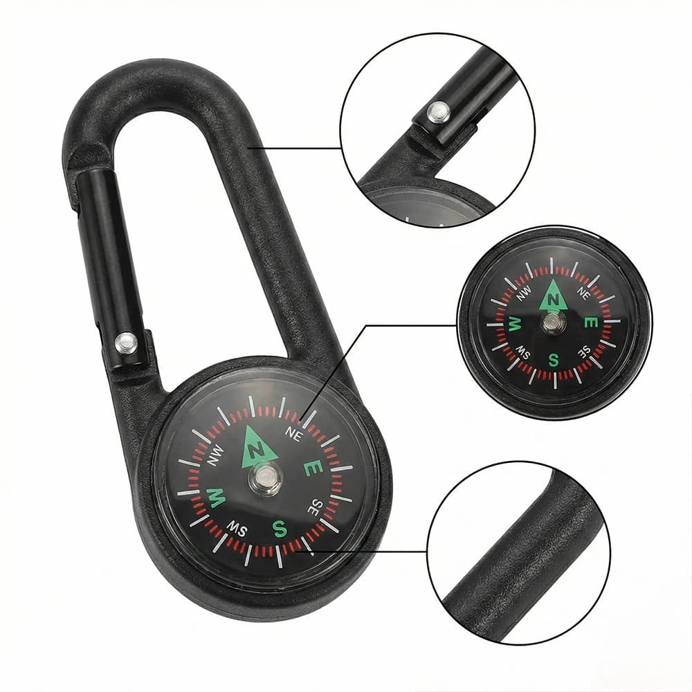 Essentiel pour le camping et la randonnée - Mousqueton authentique avec boussole |   Accessoire de sac à dos de montagne, outil d'urgence