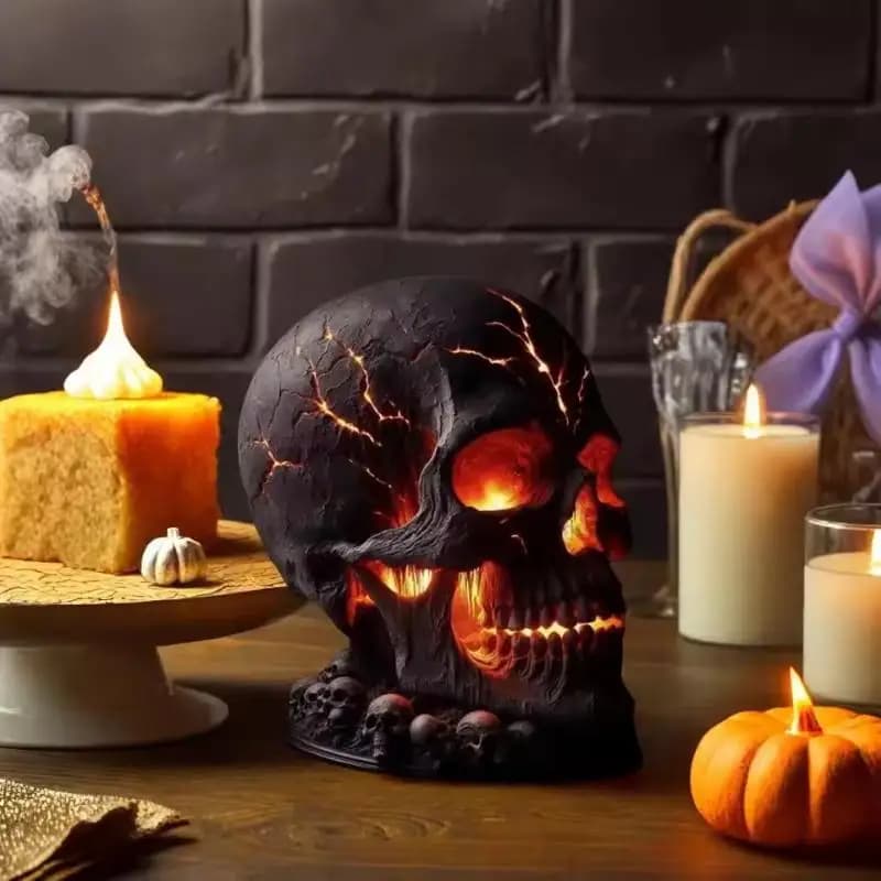 Magma Stone Skull Decor Lampe de bureau avec lumière LED effrayante pour décoration de manteau de fête d'Halloween Accent de pièce unique pour allumer