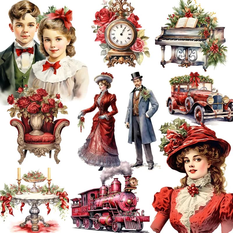 Autocollants vintage de noël pour scrapbooking, étiquettes artisanales, train, jouets pour enfants, livre décoratif, bricolage, papeterie