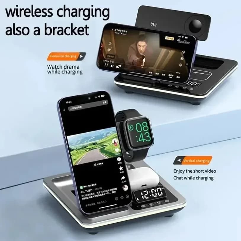 Chargeur sans fil 5 en 1, réveil, lumière LED, station d'accueil, charge rapide sans fil pour iPhone 17-12, Apple Watch 10/9/8/7/6/5 Airpods Pro