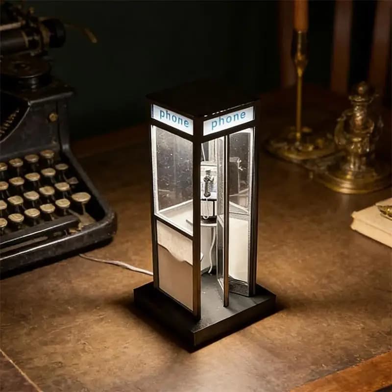 Lampe de table rétro vintage en forme de cabine téléphonique, lampe de table classique en forme de cabine téléphonique avec lumière LED chaude, lampe de nuit décorative en forme de cabine téléphonique