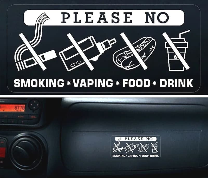 Paquet de 4 autocollants d'avertissement 100x50mm, panneau non fumer, vaping, nourriture, boisson, manger, voiture, véhicule, Taxi.