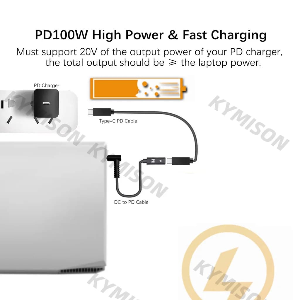 Convertisseur de prise de Type C à 4.5x3.0mm, 100W USB C PD, câble de charge rapide pour chargeur d'ordinateur portable HP/Dell DC 4.5*3.0