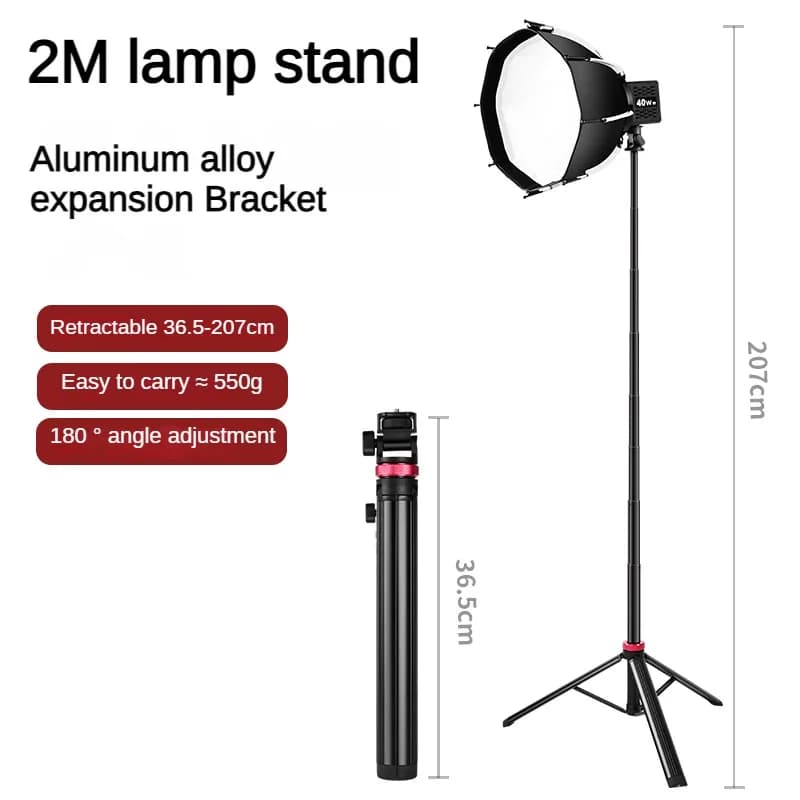 Trépied universel Portable de 2M, support de lampe en alliage d'aluminium pour caméra d'action légère de remplissage à vis 1/4