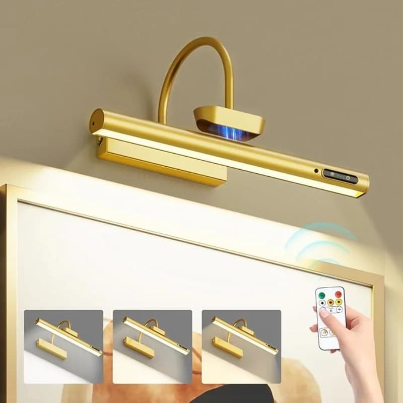 Lampe murale LED rechargeable 4000 mAh, moderne, télécommandée, 3 couleurs réglables, dorée, pour miroir de salle de bain, éclairage d'images en aluminium