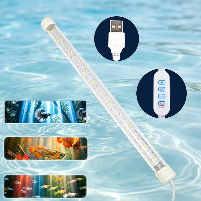 Lampe LED USB submersible pour aquarium, spectre complet, grand angle, étanche, 3 modes de couleur RVB, luminosité réglable