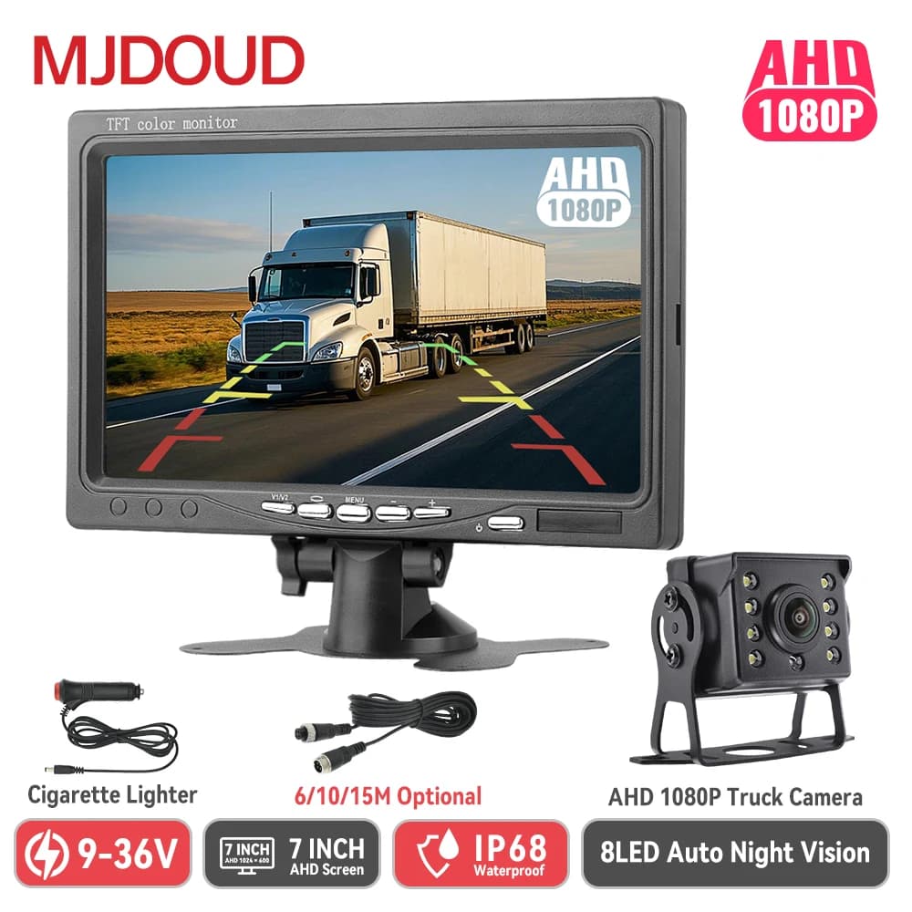 MJDOUD Caméra de recul et moniteur AHD 1080P 7 pouces, système de stationnement avant/arrière universel 12-24 V avec vision nocturne étanche