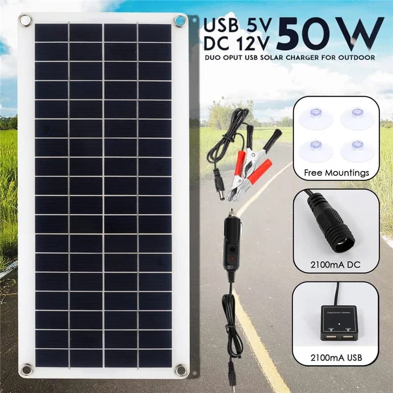 Panneau solaire monocristallin 50W 12V, alimentation USB, Portable, pour l'extérieur, voiture, bateau, Camping, randonnée, voyage, chargeur de téléphone