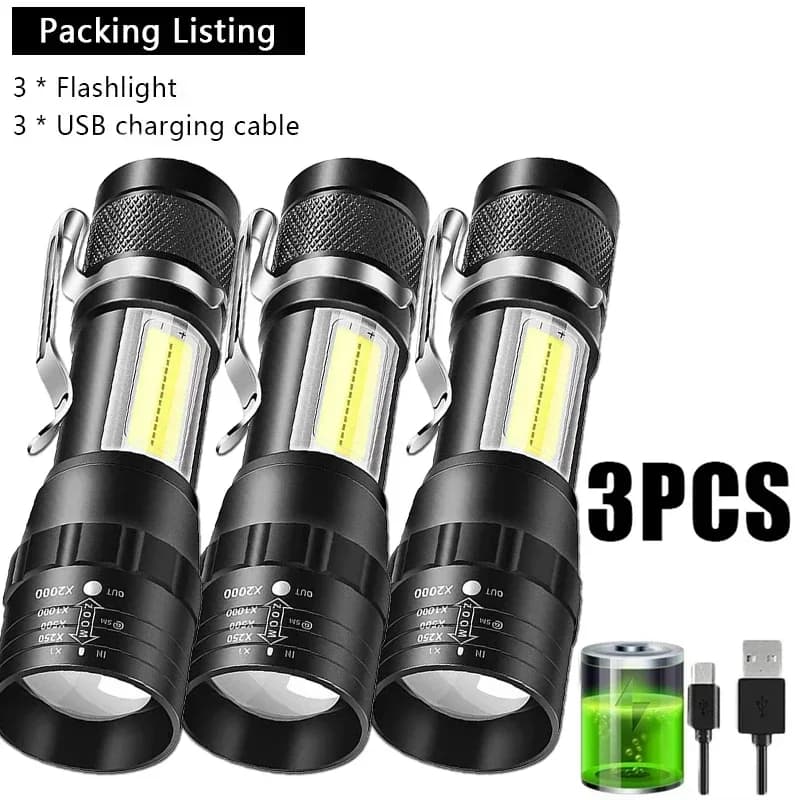 Lampe de poche LED Rechargeable Portable avec pince à stylo, torche étanche Zoomable avec lumière latérale, lanterne d'urgence pour Camping en plein air