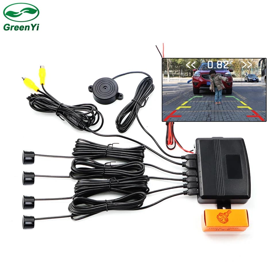 GreenYi CVBS-Kit de capteurs vidéo de voiture, système d'aide au stationnement, barrage visibles, alarme de distance de secours, moniteur de voiture, 4 capteurs