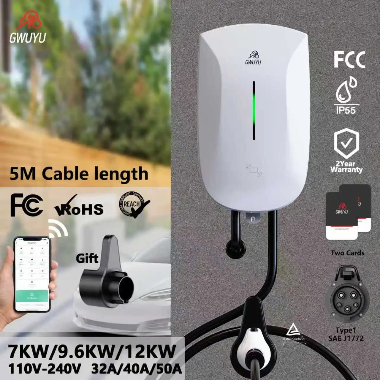 Station de charge EV GWUYU JZ30-1 Type 1 J1772 7KW 32A 9.6KW 40A 12KW 50A 110-240V, contrôle par application, chargeur de boîte murale