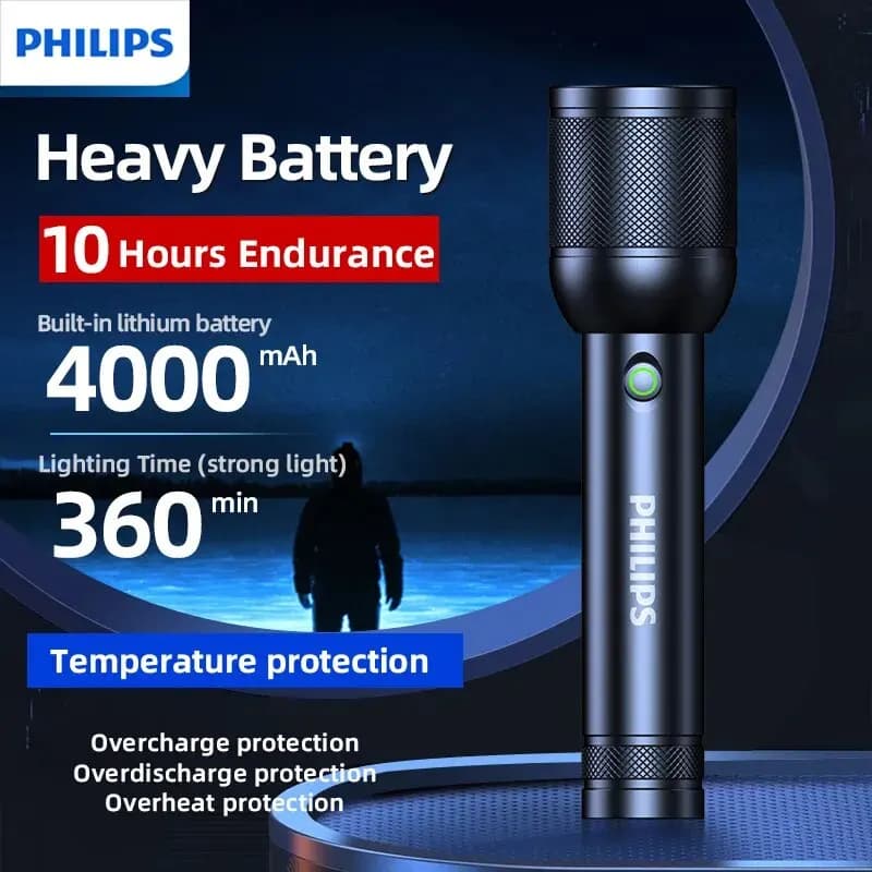 Philips-Lampe de poche LED portable, lampes de poche lumineuses iniques, lampe de camping, randonnée en plein air, autodéfense, 3200 lumens, 1000m
