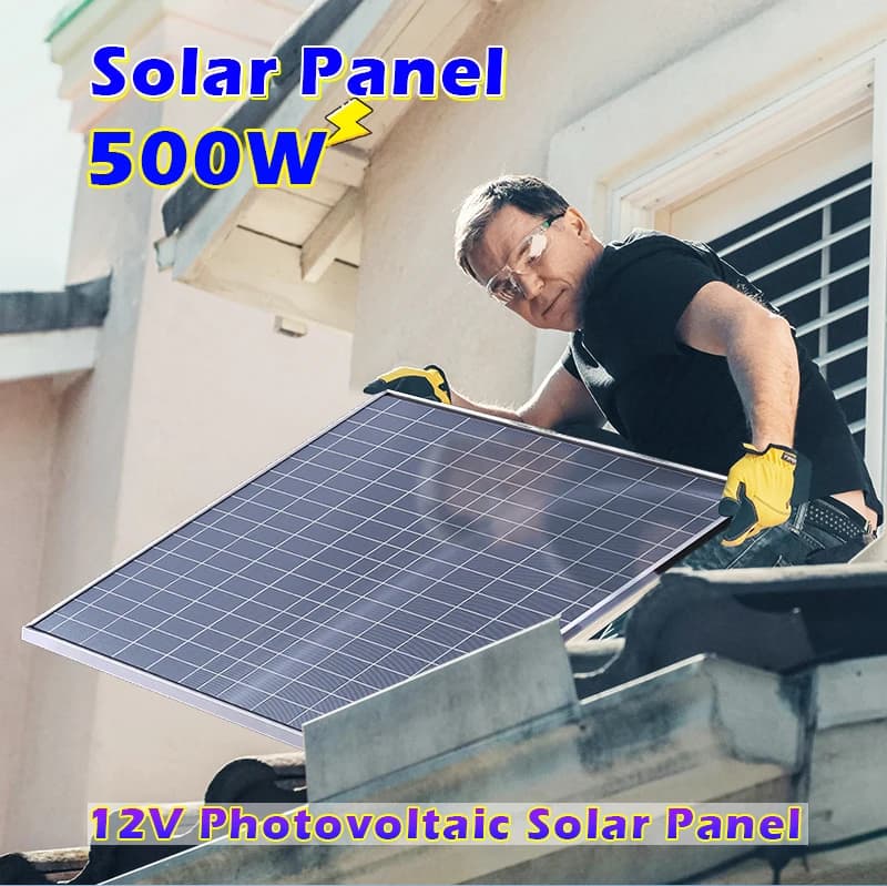 Panneau solaire monocristallin 500W avec cadre en aluminium, chargeur solaire 12V pour camping-car, bateau, camping, maison, système d'alimentation hors réseau, USB