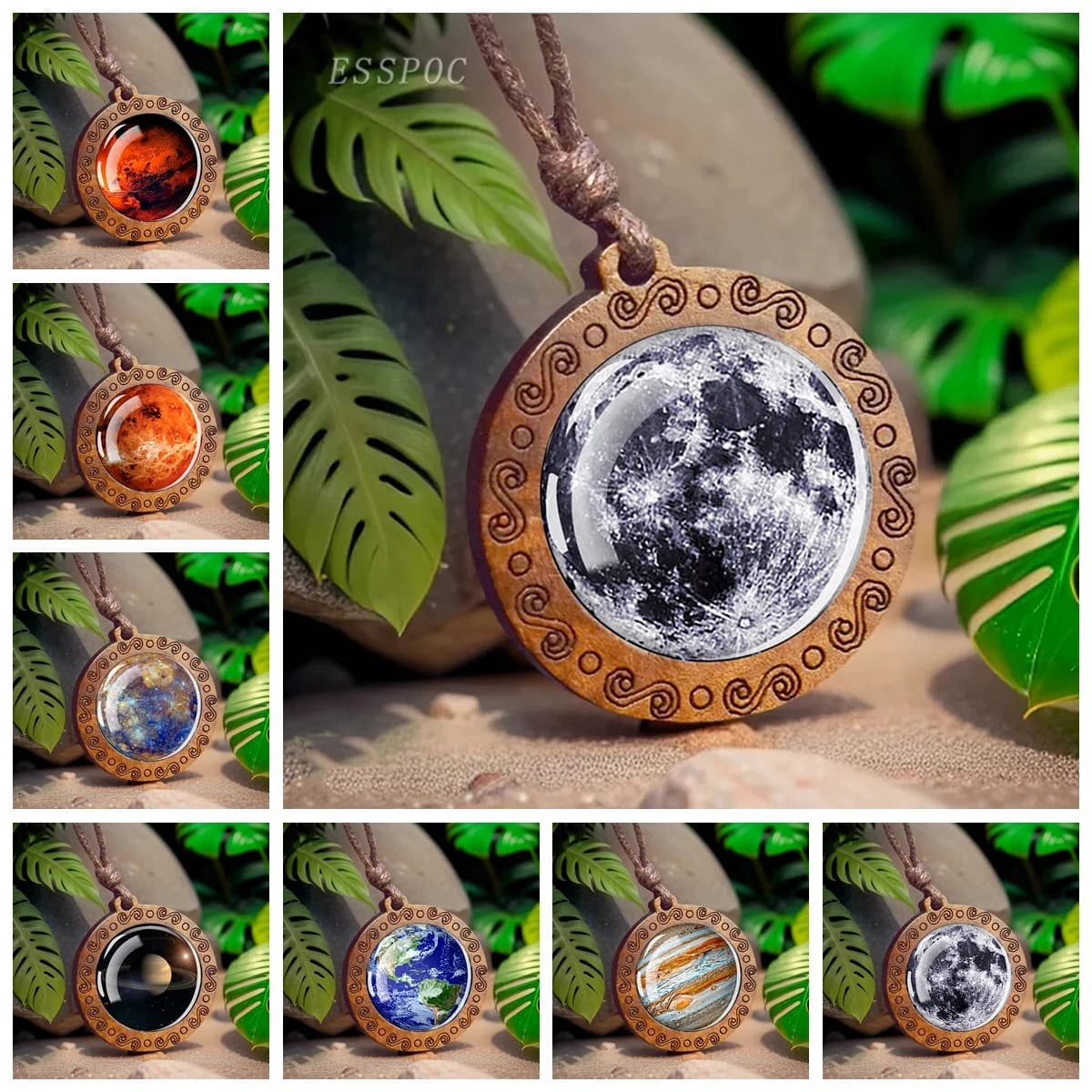 Système solaire planète collier lune terre mercure saturne Jupiter verre pendentif en bois galaxie nébuleuse bijoux